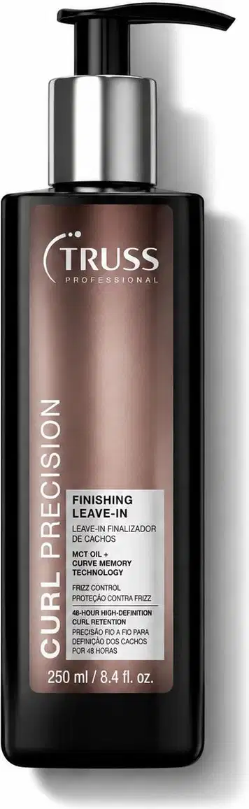 Frasco de 250 ml de Finishing Leave-in da marca Truss Professional, com design preto e prata, contendo informações sobre a tecnologia de memória de curva e proteção contra frizz.