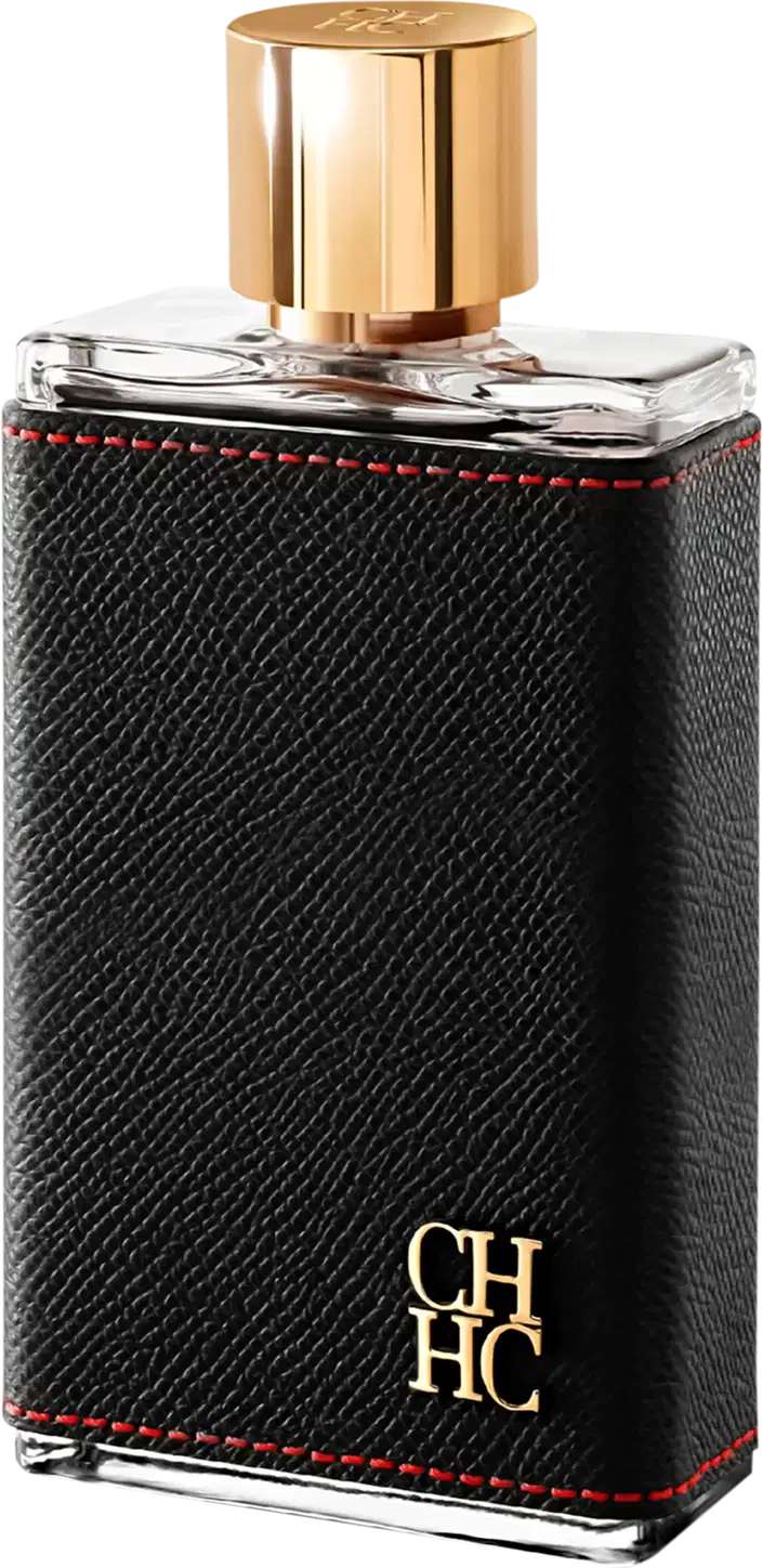 Frasco de perfume Carolina Herrera em embalagem preta com detalhes em vermelho, tampa dourada com logotipo CHHC. Recipiente de vidro com design elegante e sofisticado.