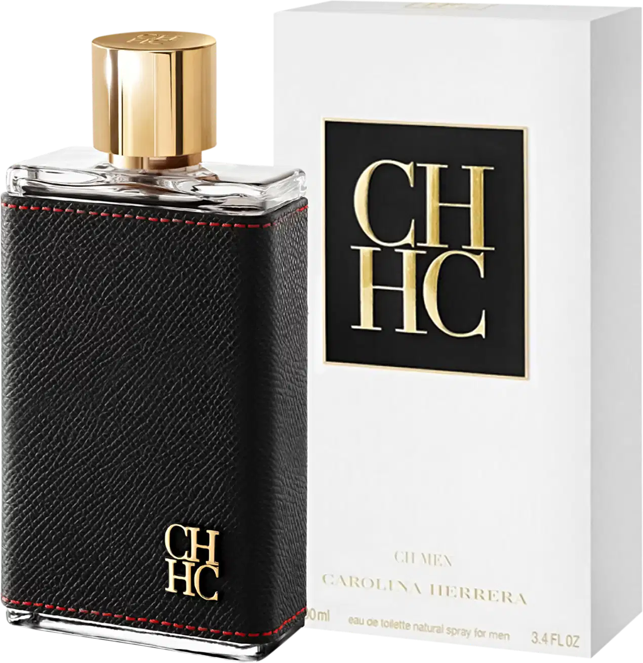 Frasco de perfume masculino Carolina Herrera CHCH em embalagem preta com detalhes dourados, contendo 100ml de produto. Caixa branca com logotipo dourado da marca.