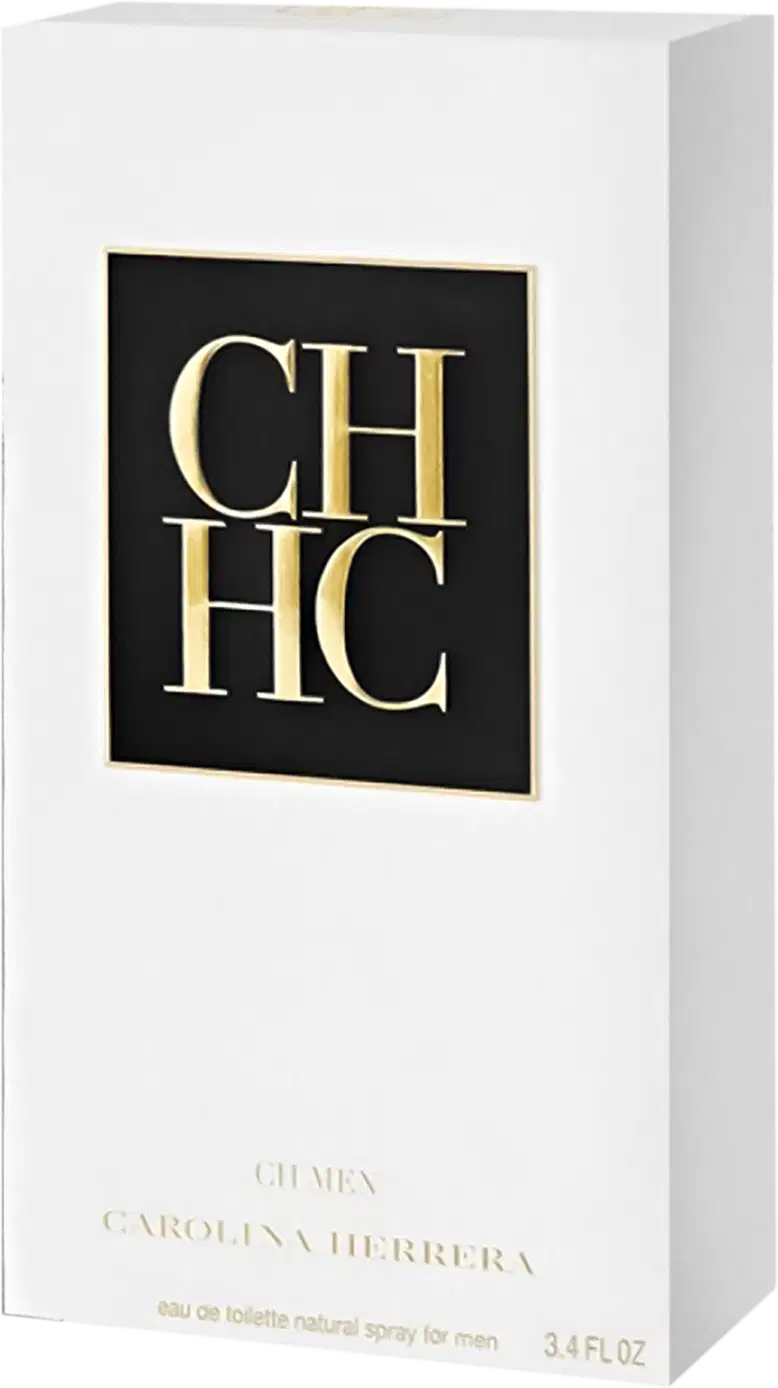 Caixa branca com logotipo "CH HC" em preto e dourado, contendo frasco de perfume masculino da marca Carolina Herrera. Embalagem elegante e minimalista, com informações do produto impressas na caixa.