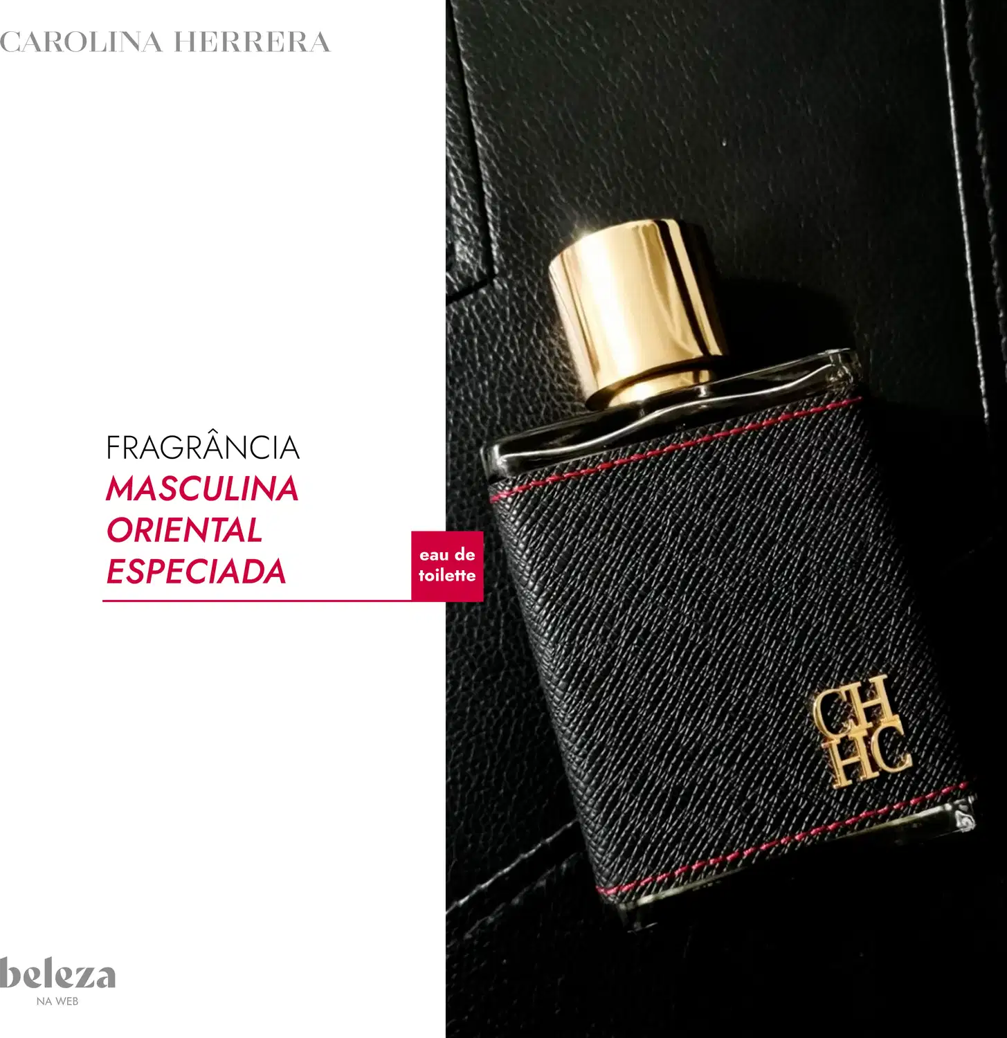 Frasco de item de perfumaria da marca Carolina Herrera com design preto e detalhes dourados, contendo texto "Fragrância Masculina Oriental Especiada" e "Eau de Toilette".