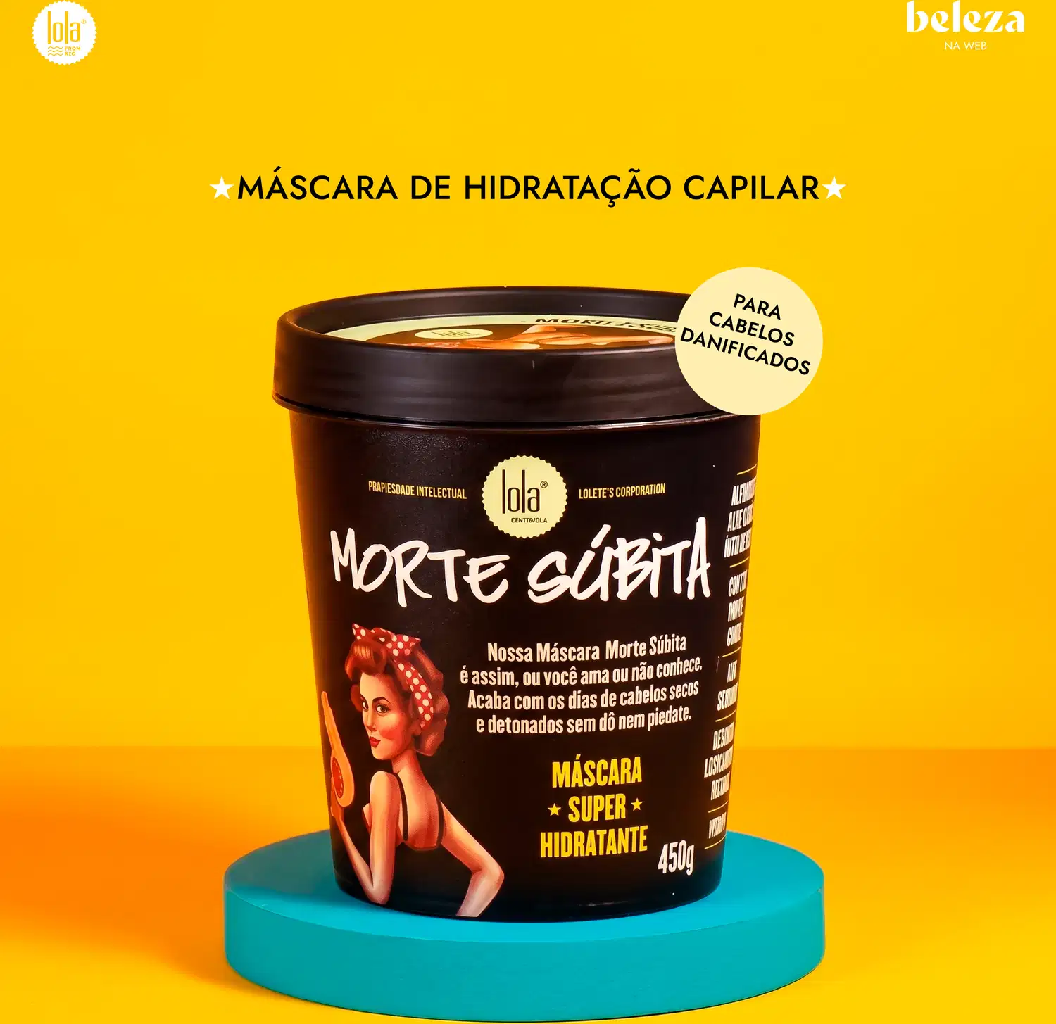 Embalagem preta com rótulo "Morte súbita" e imagem de mulher de cabelos vermelhos, anunciando máscara super hidratante para cabelos danificados.