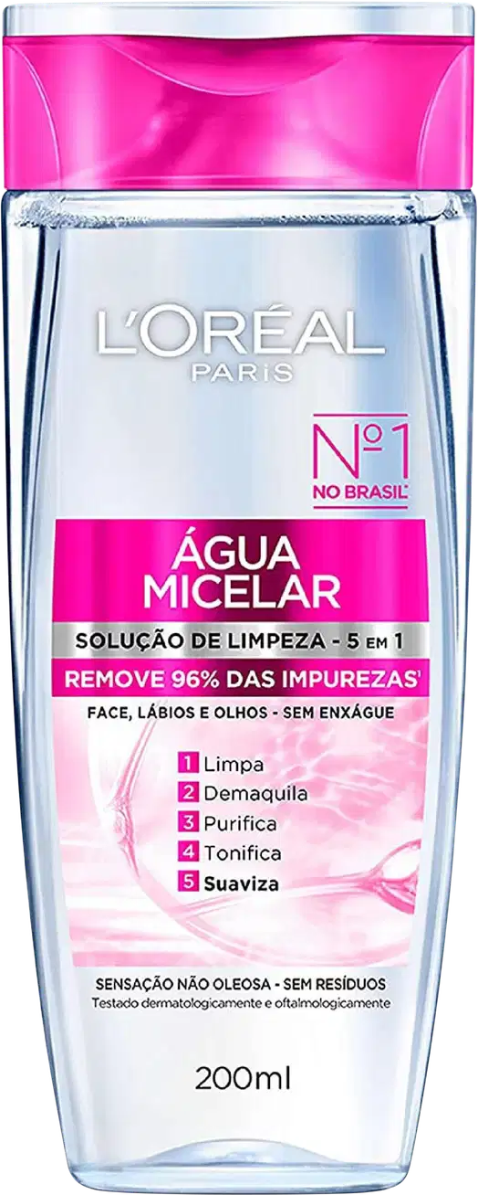 Frasco de 200ml de Água Micelar da L'Oréal Paris, com solução de limpeza 5 em 1 que remove 96% das impurezas, sem deixar resíduos. Embalagem de plástico transparente com tampa rosa e rótulo branco com o logo da marca.