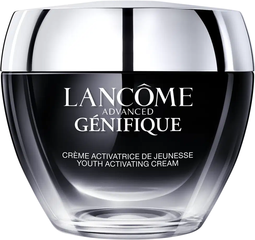 Frasco de vidro transparente com tampa arredondada contendo o produto de cuidados com a pele Lancôme Advanced Génifique, com rótulo em preto e branco destacando o nome da marca e o nome do produto.