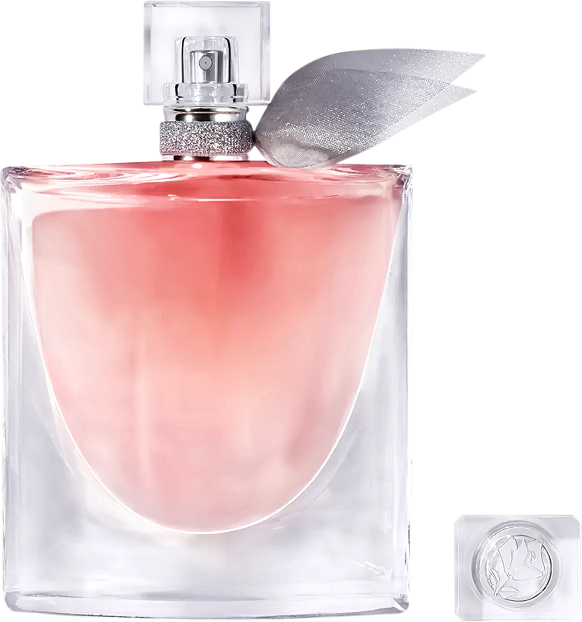 Frasco de perfume Lancôme com tampa prateada e corpo de vidro transparente contendo líquido rosa. Rótulo com nome da marca visível na parte inferior do frasco.