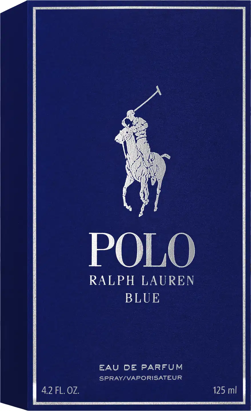 Caixa azul escura com logotipo da marca Polo Ralph Lauren em branco, contendo frasco de perfume Eau de Parfum com 125 ml de capacidade.