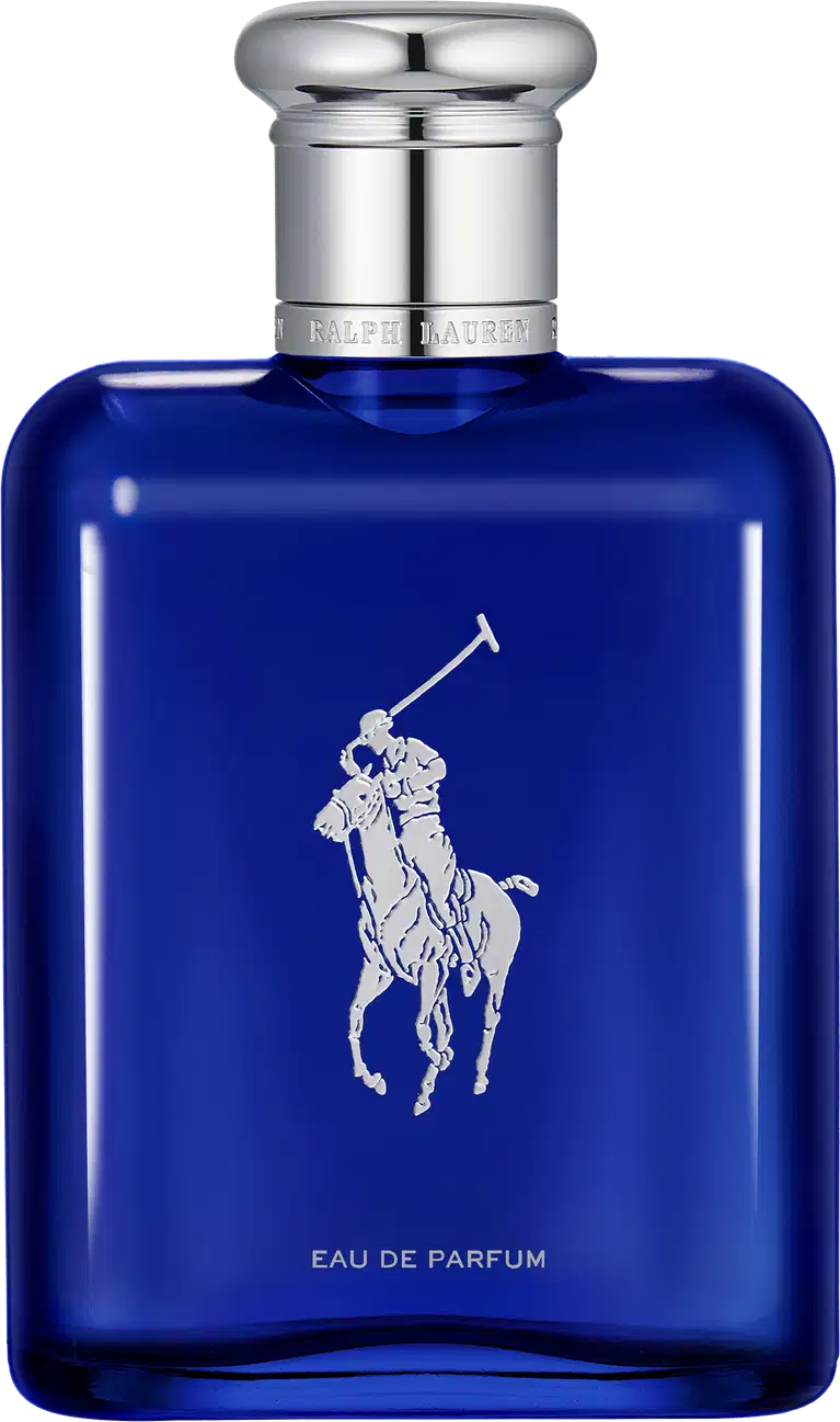 Frasco de perfume da marca Ralph Lauren, com design elegante e sofisticado em tom azul intenso. O rótulo apresenta o logotipo da marca em branco, com a inscrição "Eau de Parfum" abaixo.