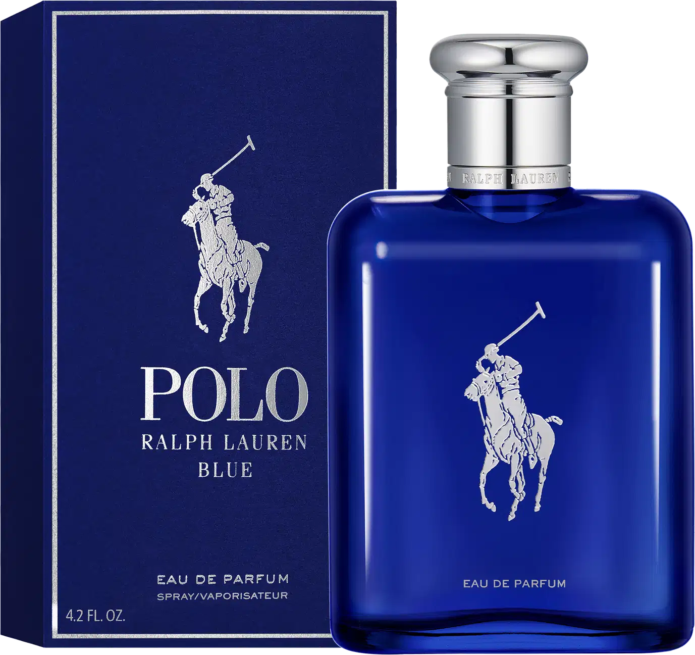 Frasco de perfume da marca Ralph Lauren, com design elegante e sofisticado em tom azul intenso. O rótulo apresenta o logotipo da marca em branco, com a inscrição "Eau de Parfum" abaixo.