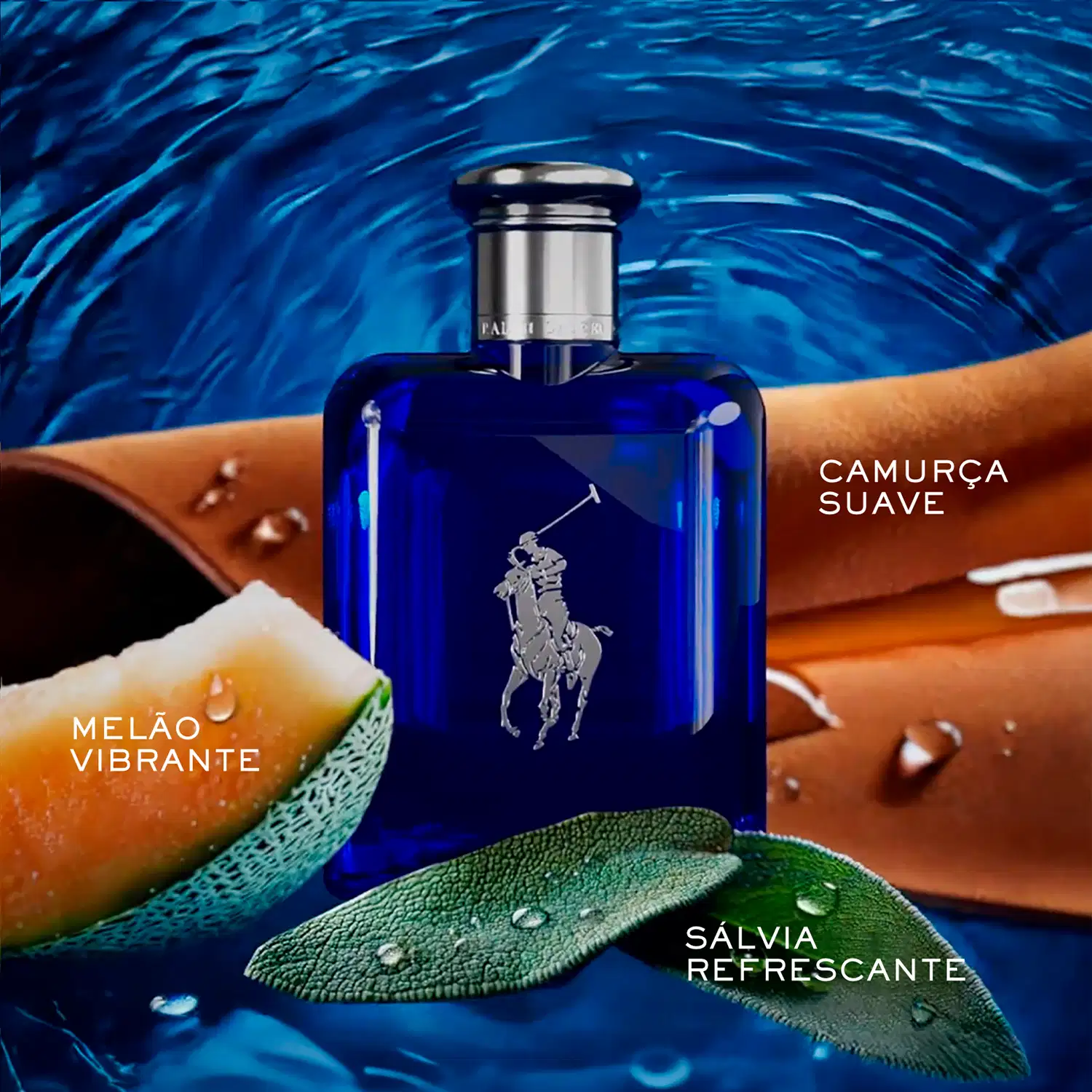 Frasco de perfume da marca Ralph Lauren, com design elegante e sofisticado em tom azul intenso. O rótulo apresenta o logotipo da marca em branco, com a inscrição "Eau de Parfum" abaixo.
