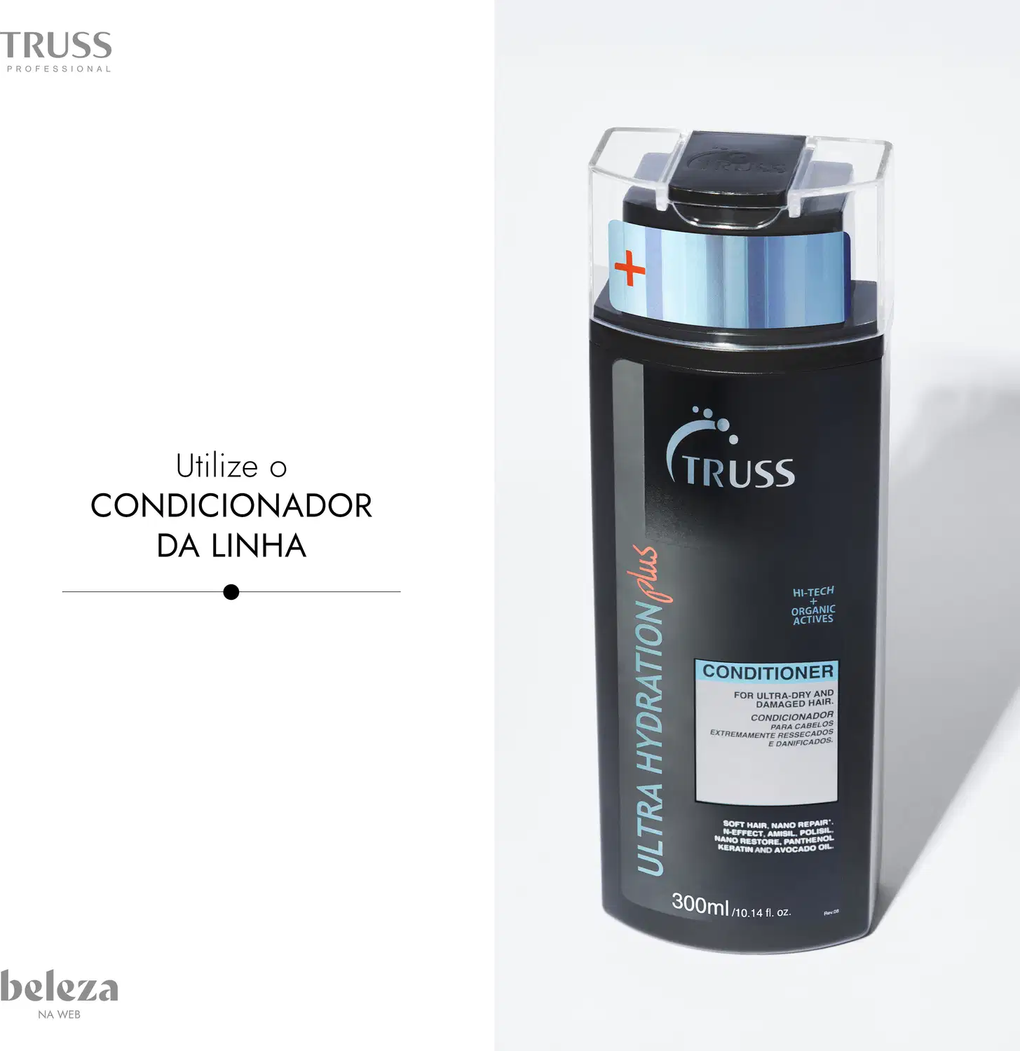Utilize o CONDICIONADOR DA LINHA ULTRA HYDRATION PLUS da marca TRUSS, um condicionador para cabelos extremamente ressecados e danificados, com tecnologia Hi-Tech e ativos orgânicos.