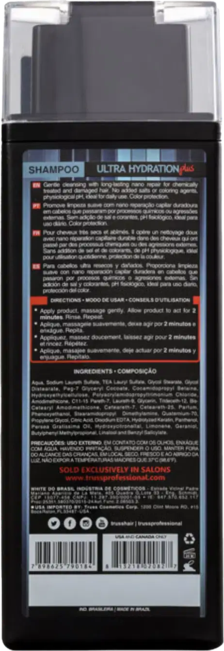 Frasco de shampoo preto e transparente da marca TRUSS Ultra Hydration Plus, com rótulo informativo sobre o produto e instruções de uso.