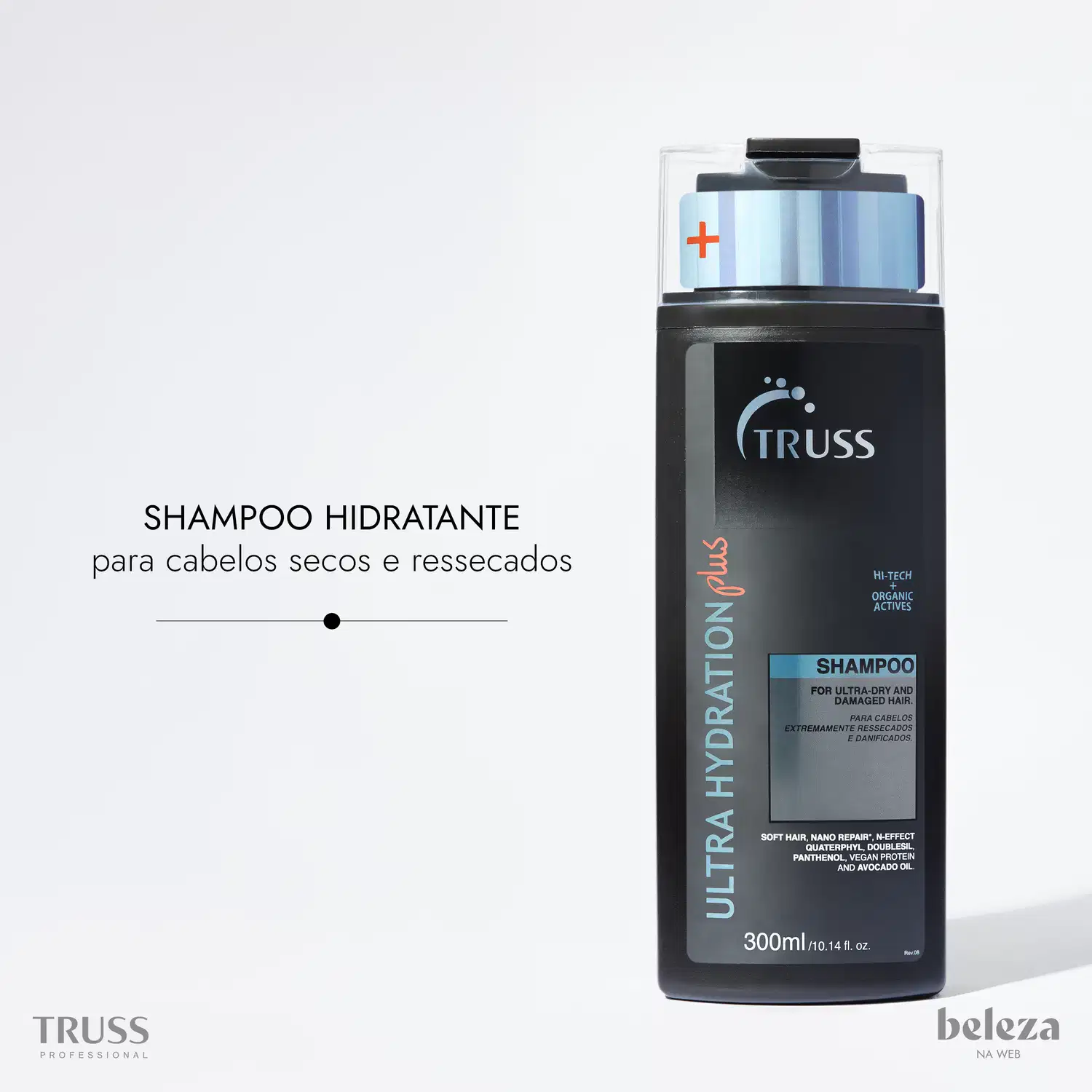 Shampoo hidratante para cabelos secos e ressecados da marca Truss, com 300ml de volume, contendo ativos de alta tecnologia e orgânicos para reparar e hidratar os fios.