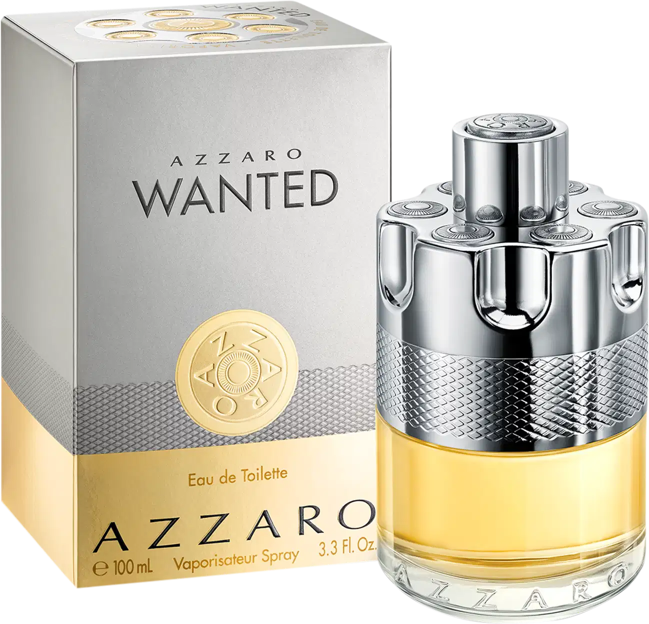 Frasco de perfume Azzaro Wanted, com embalagem prateada e dourada, contendo 100 ml de Eau de Toilette. O frasco possui um design moderno e sofisticado, com detalhes texturizados.
