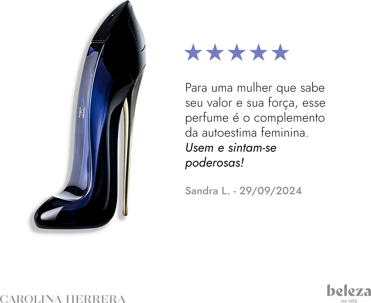 Frasco de perfume Carolina Herrera de design elegante e enigmático, com corpo preto brilhante e detalhes em dourado.