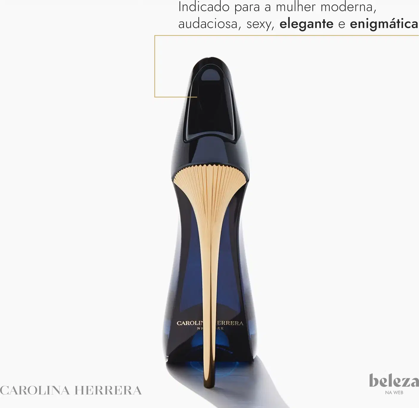 Frasco de perfume Carolina Herrera de design elegante e enigmático, com corpo preto brilhante e detalhes em dourado.