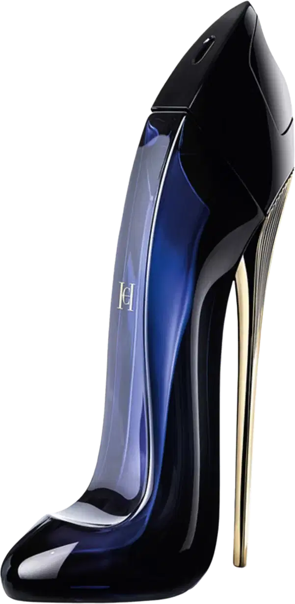 Frasco do perfume Good Girl da Carolina Herrera, em tons de preto e azul com design elegante e sofisticado em formato de salto agulha. 