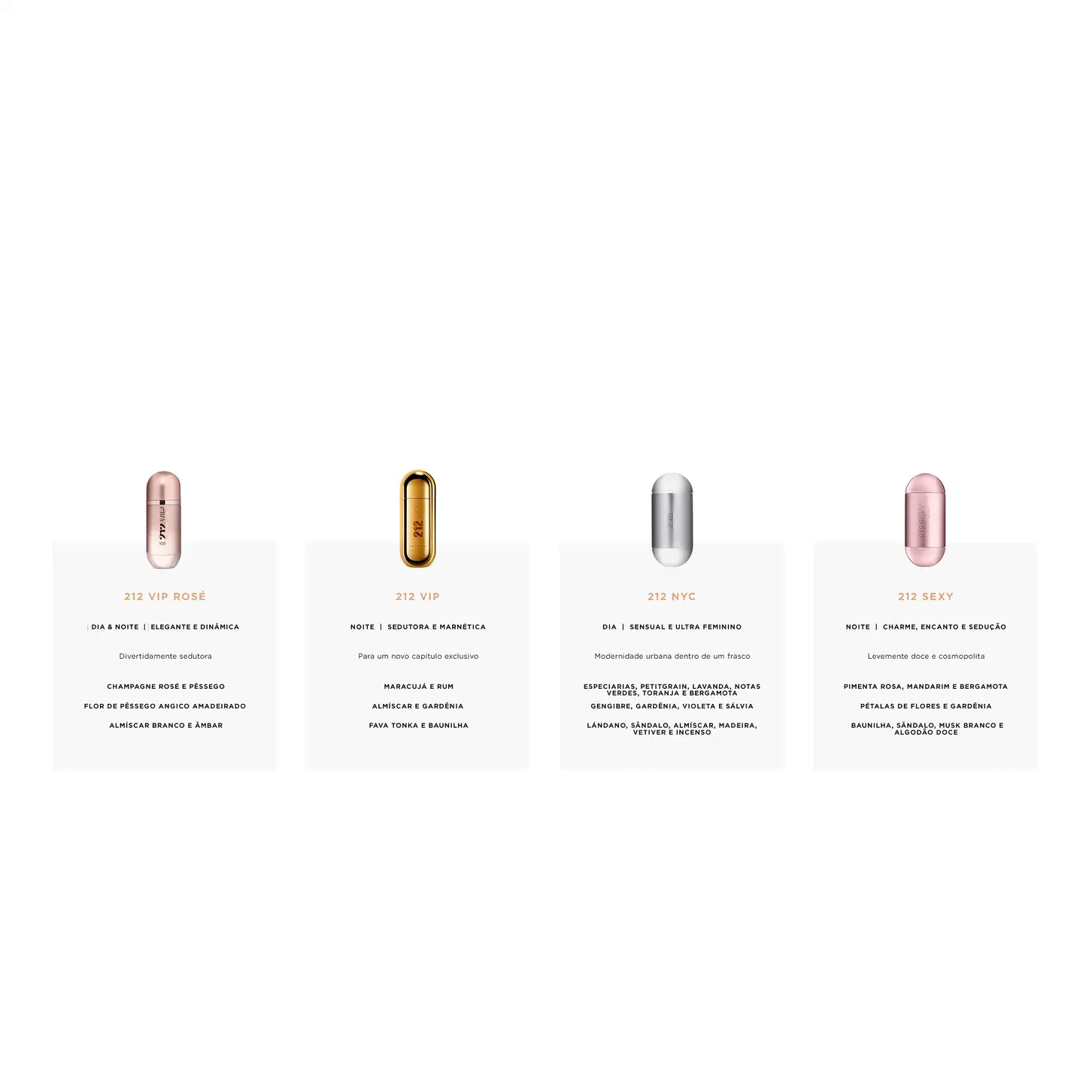 Quatro frascos de perfumes da marca Carolina Herrera, com diferentes cores e formatos, exibindo rótulos com informações sobre as fragrâncias e suas características.