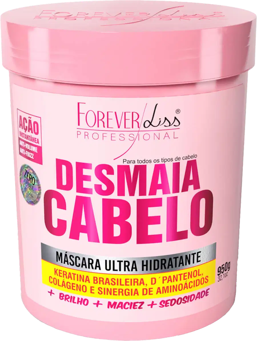 Embalagem rosa de máscara capilar da linha Forever Liss Professional, com rótulo indicando "Desmaia Cabelo" e ingredientes como Keratina Brasileira, D-Pantenol e Colágeno.