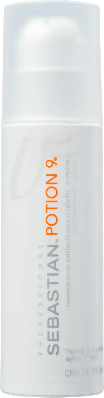 Potion 9, produto da linha Sebastian Professional. Frasco cilíndrico  branco opaco. Rótulo com o nome da marca "Sebastian" em letras maiúsculas cinza e o nome do produto "Potion 9" em laranja.