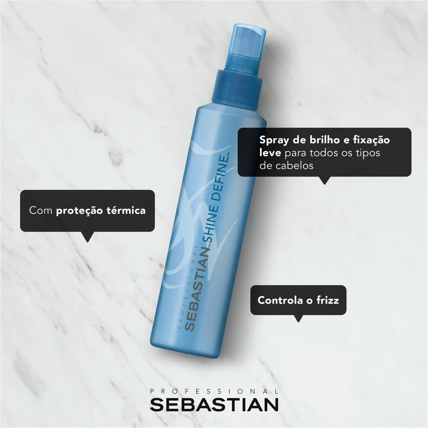 Produto de cabelo Sebastian Professional em spray azul claro. Texto promocional destaca: "Spray de brilho e fixação leve para todos os tipos de cabelos", "Com proteção térmica" e "Controla o frizz". Produto profissional para salões de beleza.