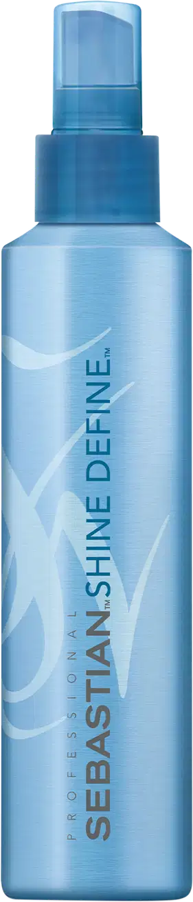 Spray de brilho Sebastian Professional. Frasco spray plástico transparente azul claro. Rótulo com o nome da marca "Sebastian" e o produto "Shine Define" em letras brancas. Embalagem cilíndrica com tampa borrifadora azul escuro na parte superior.