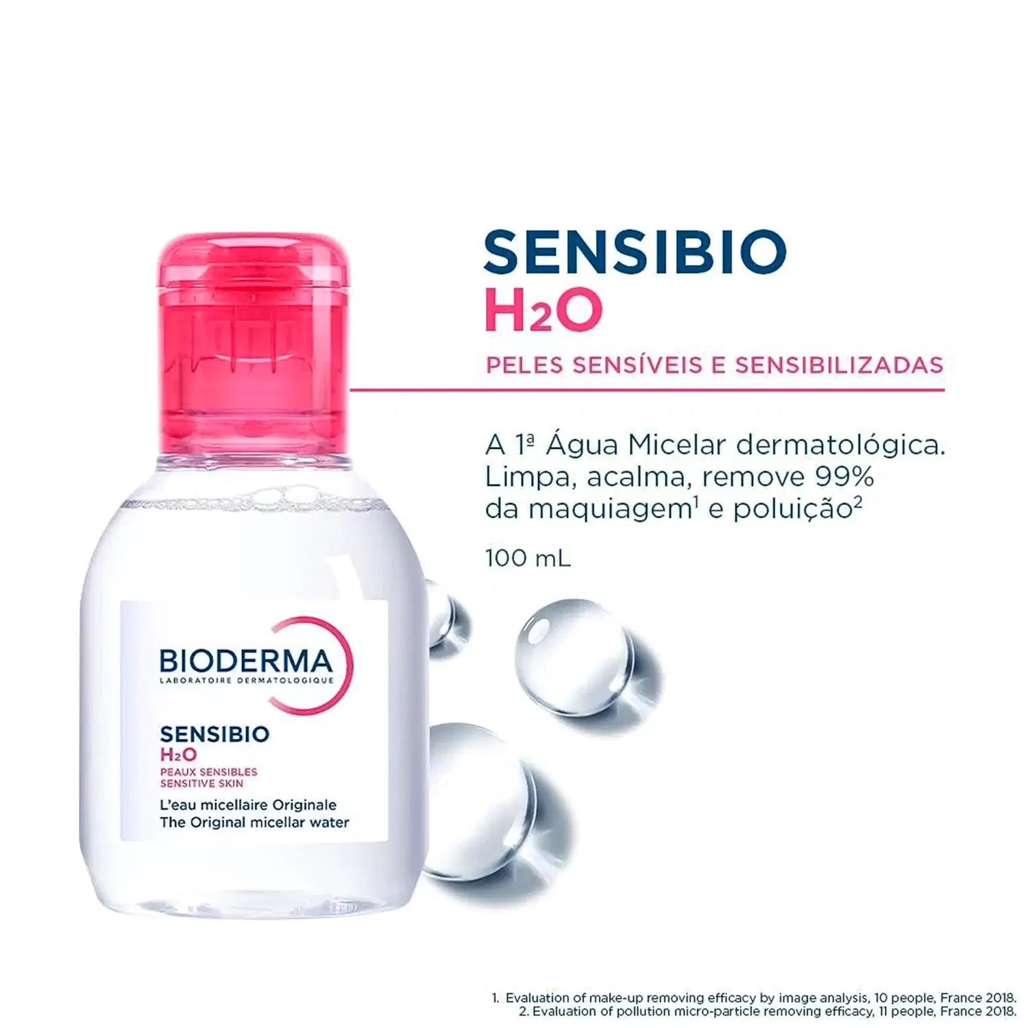 Frasco de água micelar dermatológica da marca Bioderma, com rótulo "Sensibio H2O" e informações sobre limpeza, acalma e remoção de maquiagem e poluição da pele sensível.