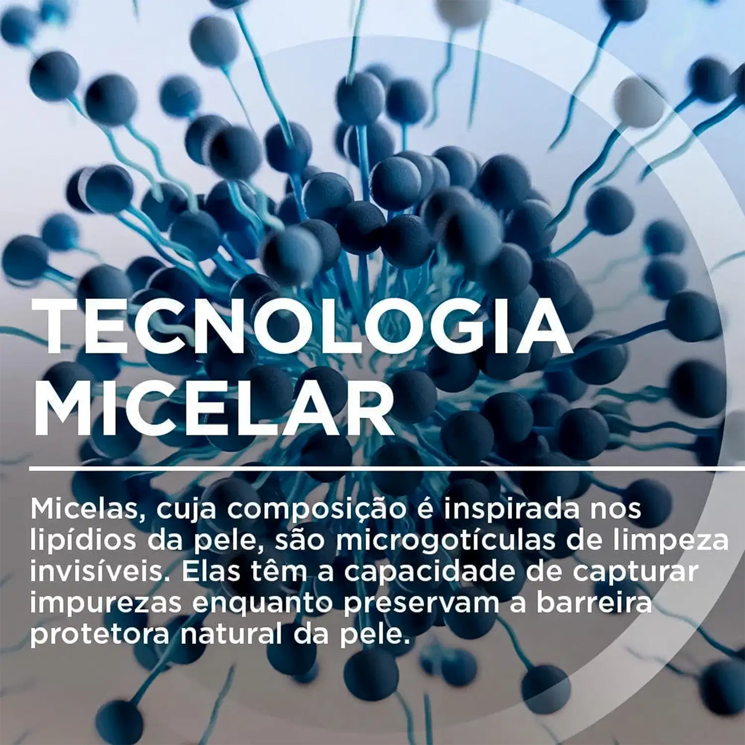 Imagem de micelas azuis com texto "Tecnologia Micelar". Micelas, cuja composição é inspirada nos lipídios da pele, são microgoticulas de limpeza invisíveis que capturam impurezas enquanto preservam a barreira protetora natural da pele.