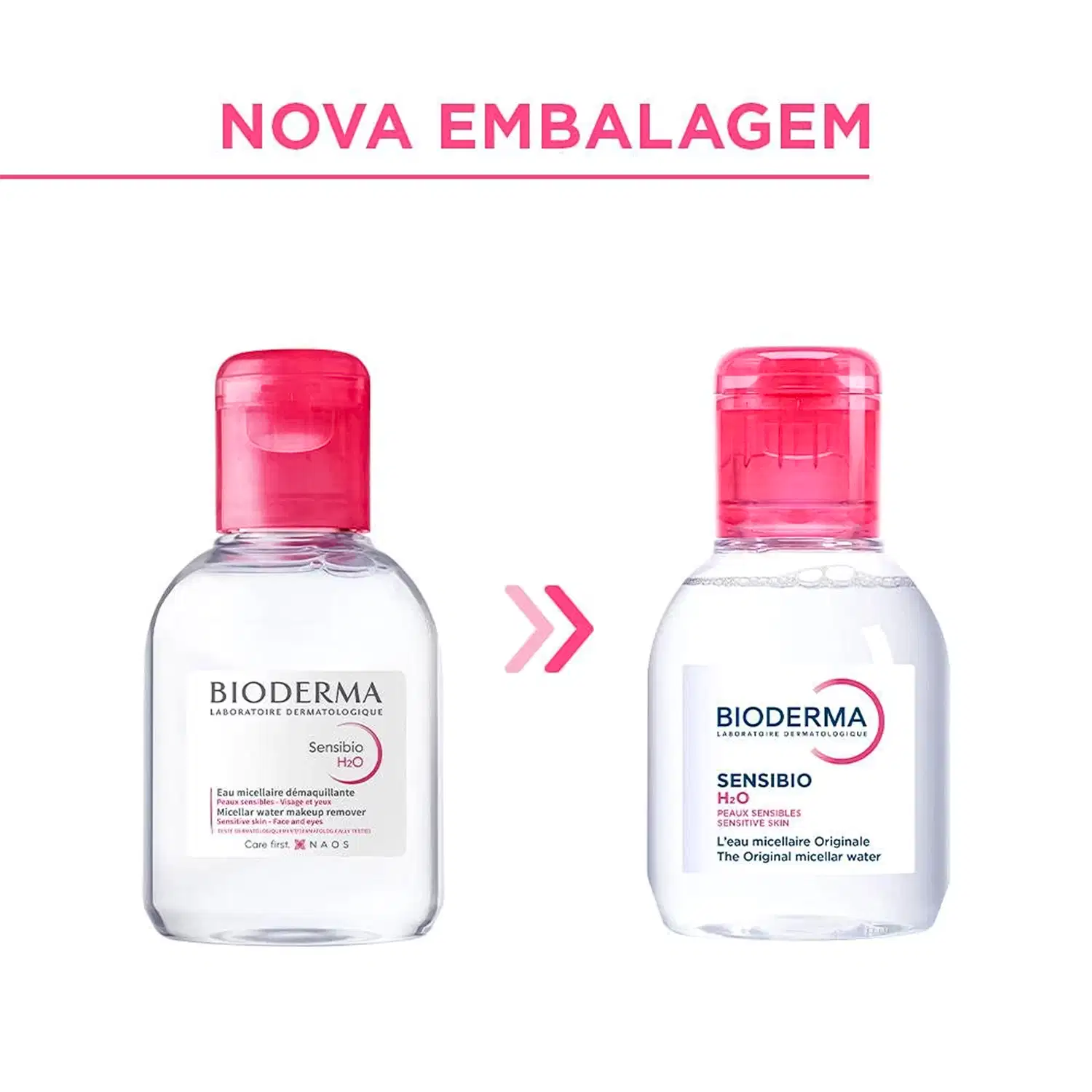 Duas embalagens da marca Bioderma, com texto "Nova Embalagem" e "Sensibio H2O" em vermelho e branco, respectivamente.