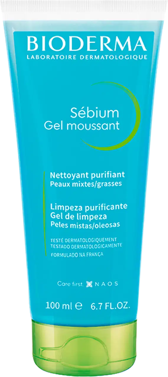 Frasco de gel de limpeza purificante Bioderma Sébium, com embalagem em tons de azul e verde, contendo 100 ml do produto.