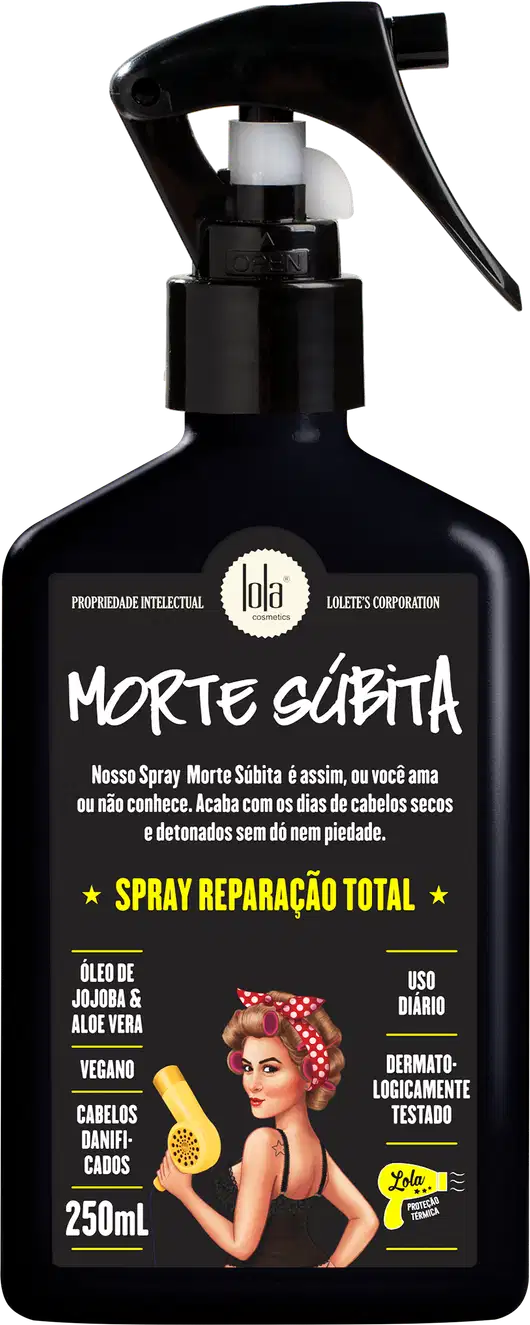 Frasco preto com rótulo em preto e branco, contendo um spray de reparação total chamado "Morte Súbita" da marca Lola From Rio, com informações sobre os ingredientes e uso diário.