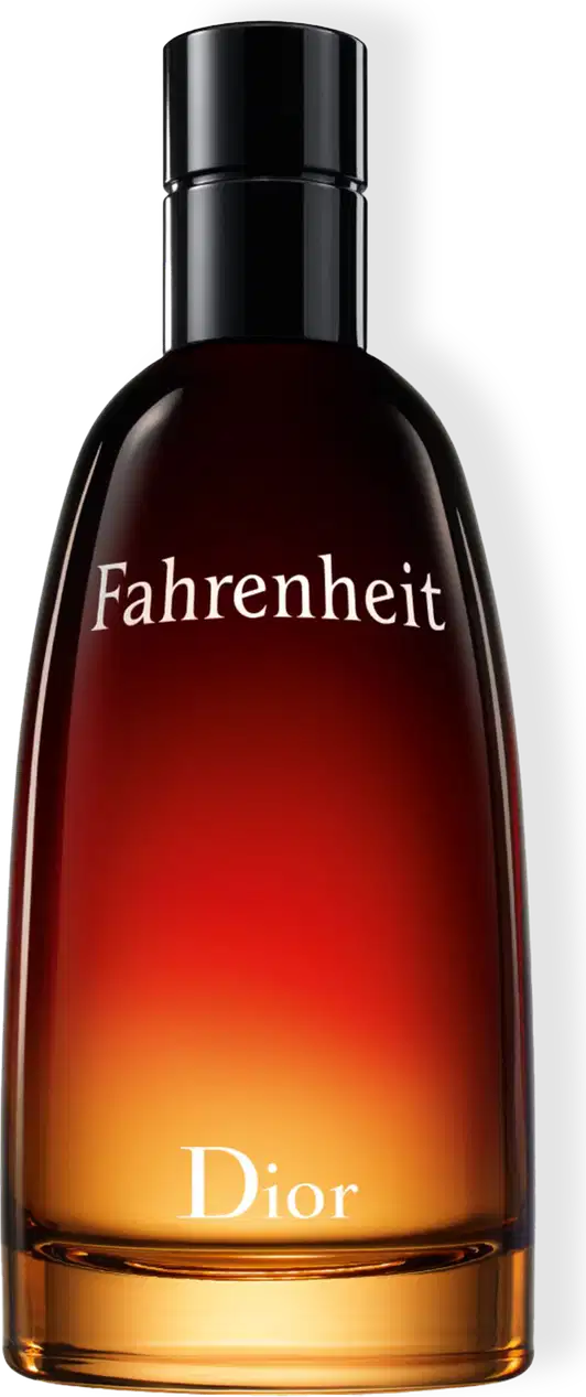 Perfume em frasco de vidro presenta uma gradação de cores que vai do vermelho escuro na parte superior ao laranja claro na parte inferior, e tampa preta. Na parte frontal do frasco, está impresso o nome "Fahrenheit" em letras brancas.