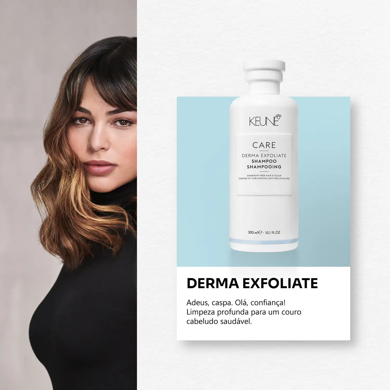 Frasco branco de shampoo Keune Care Derma Exfoliate, com rótulo em preto e branco indicando o nome do produto e sua função de remover caspa do couro cabeludo.