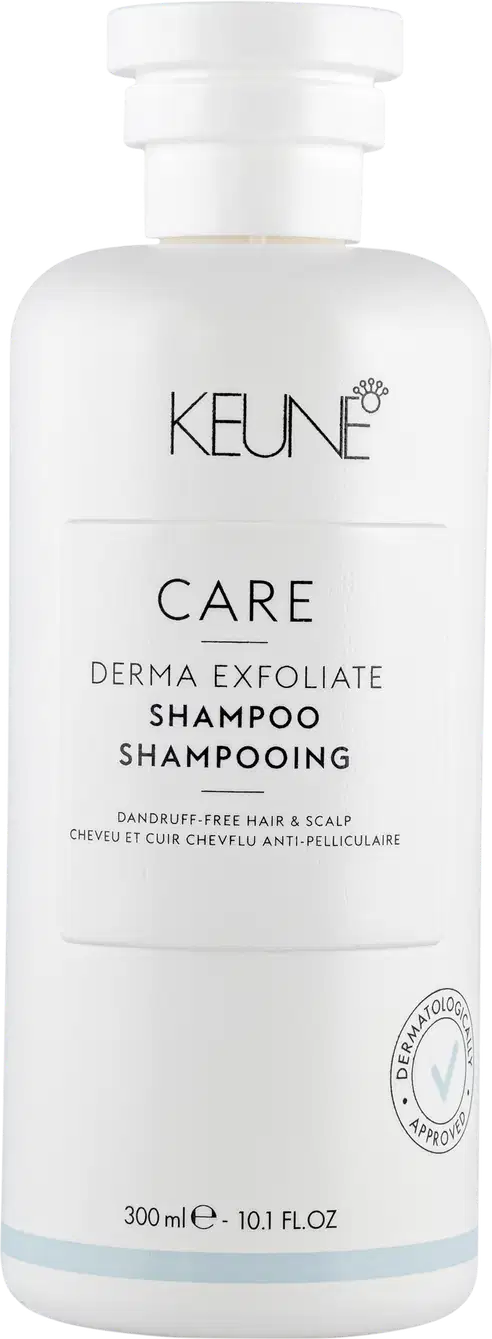 Frasco branco de shampoo Keune Care Derma Exfoliate, com rótulo em preto e branco indicando o nome do produto e sua função de remover caspa do couro cabeludo.