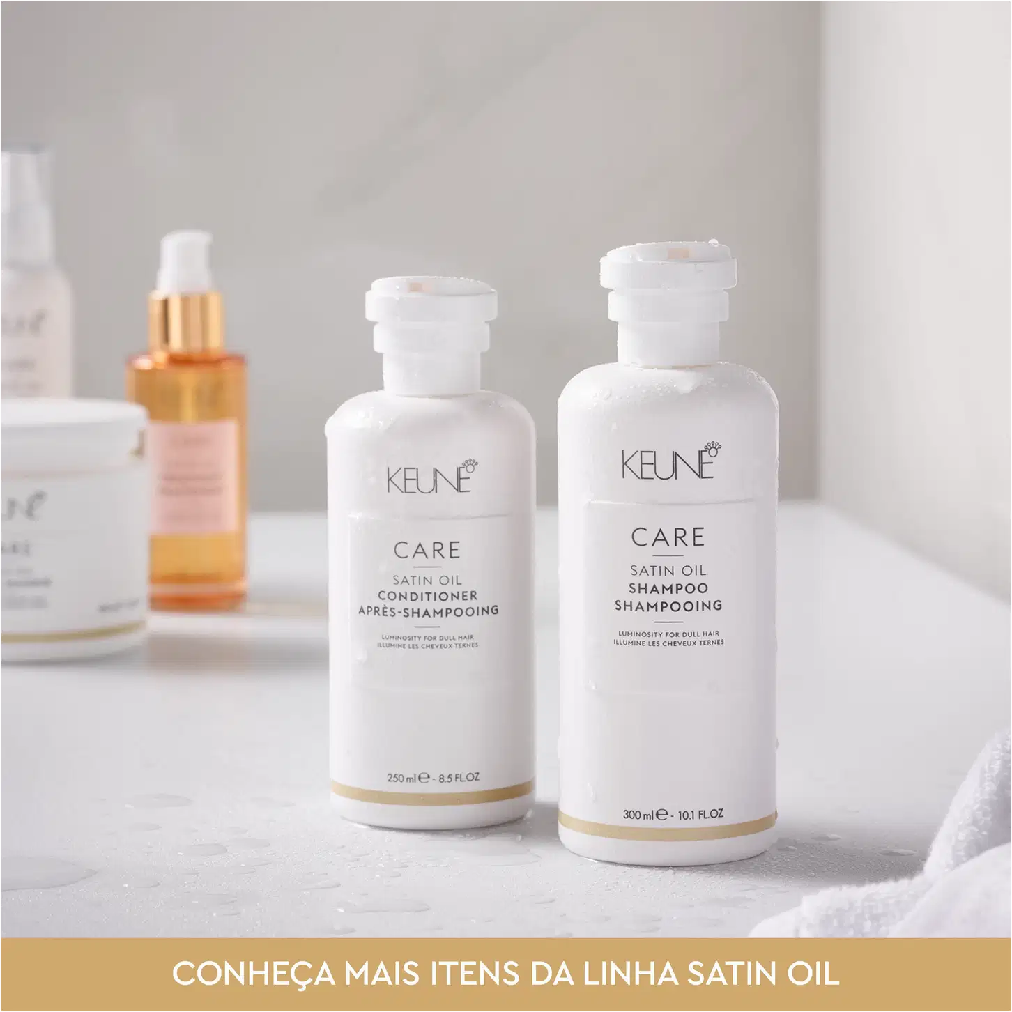 Frasco branco de 80 ml da linha Care da Keune, contendo o Shampoo de Óleo Satinado, com rótulo destacando a luminosidade para cabelos opacos.