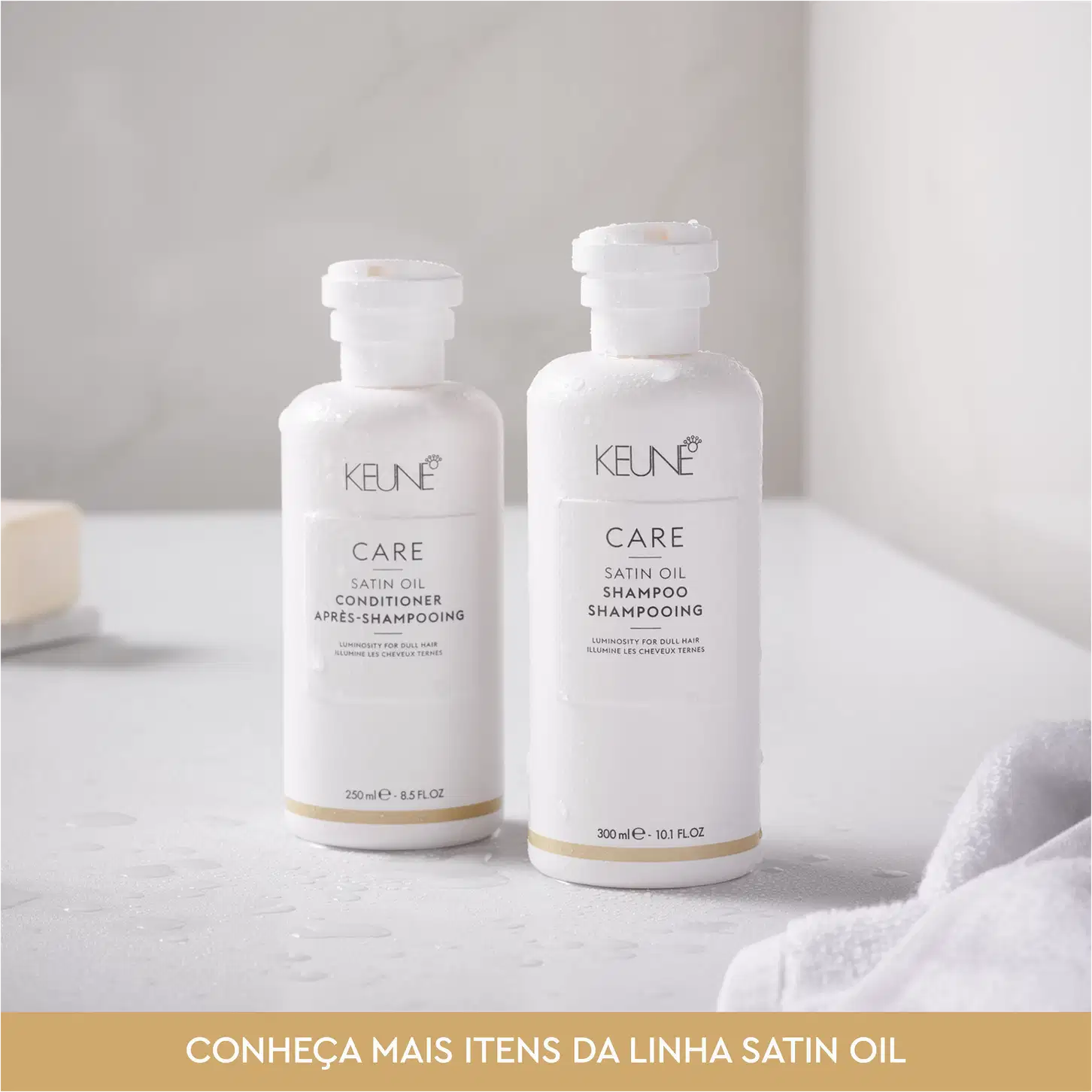 Frasco branco de 80 ml da linha Care da Keune, contendo o Shampoo de Óleo Satinado, com rótulo destacando a luminosidade para cabelos opacos.