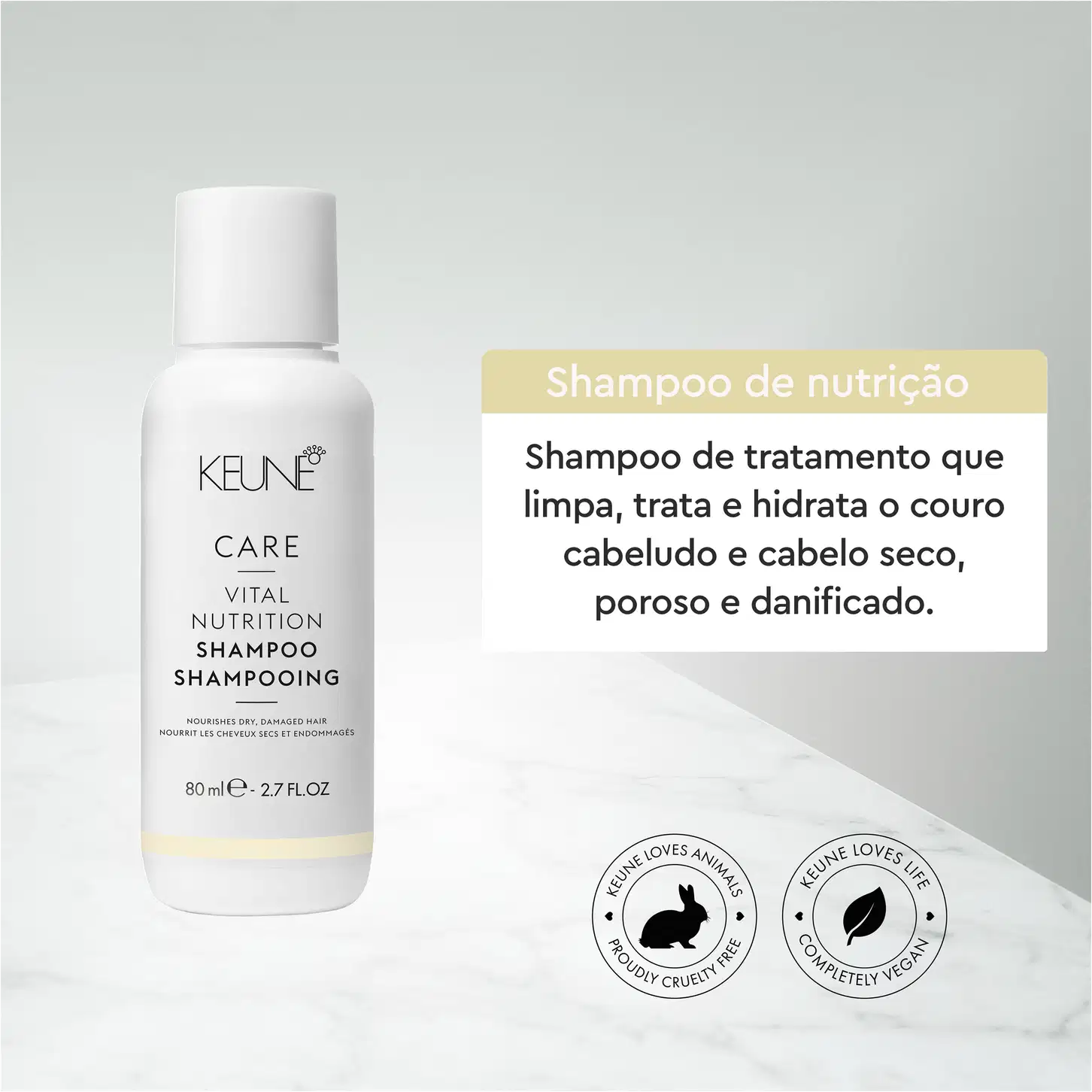 Frasco branco de 80 ml do Shampoo de Nutrição Vital da linha Keune Care, com rótulo em preto e amarelo destacando o nome da marca e do produto.