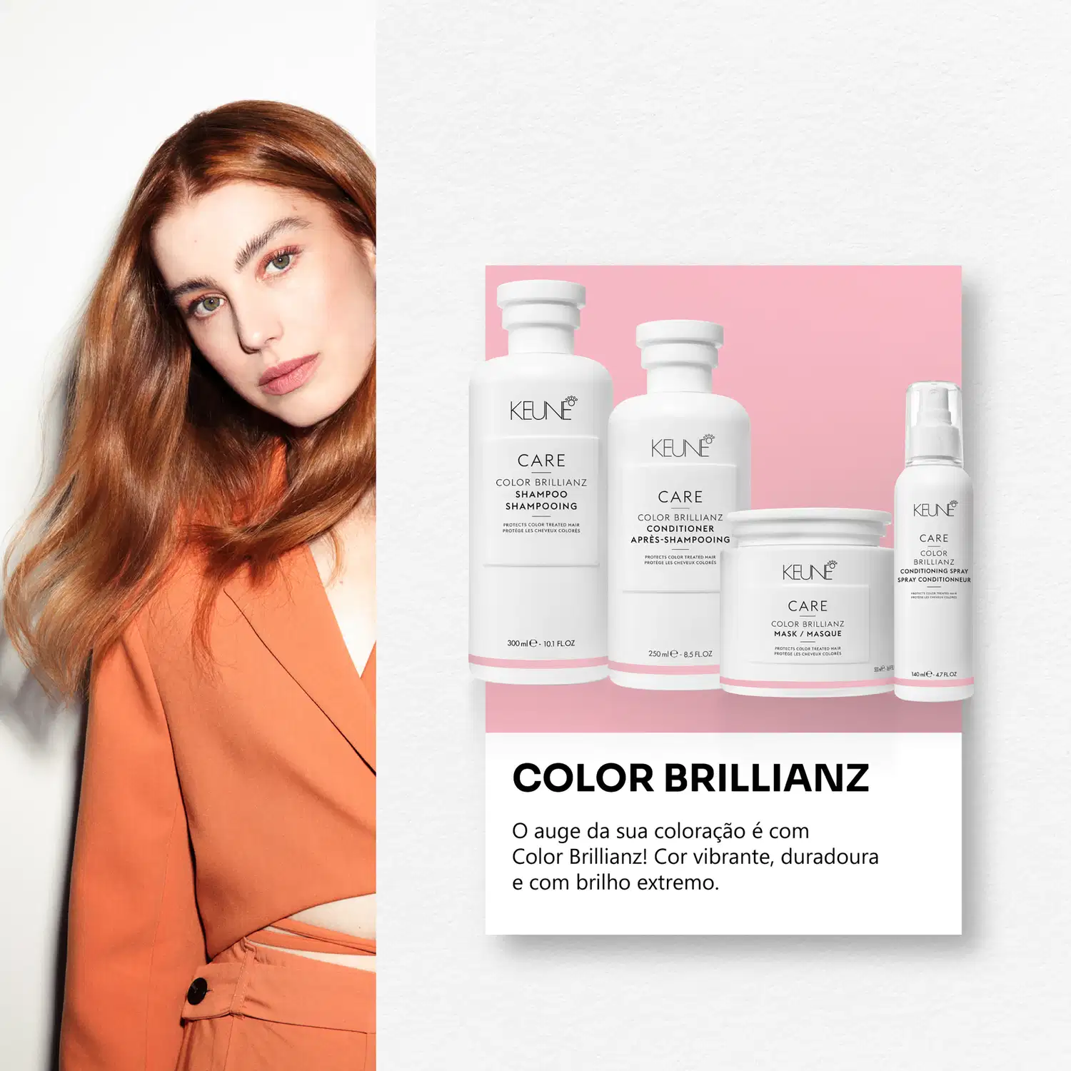 Ambiente de produtos de beleza da marca Keune, com embalagens em tons de rosa e branco, destacando a linha "Color Brillianz" para cabelos coloridos, com imagem de modelo feminina com cabelos ruivos.