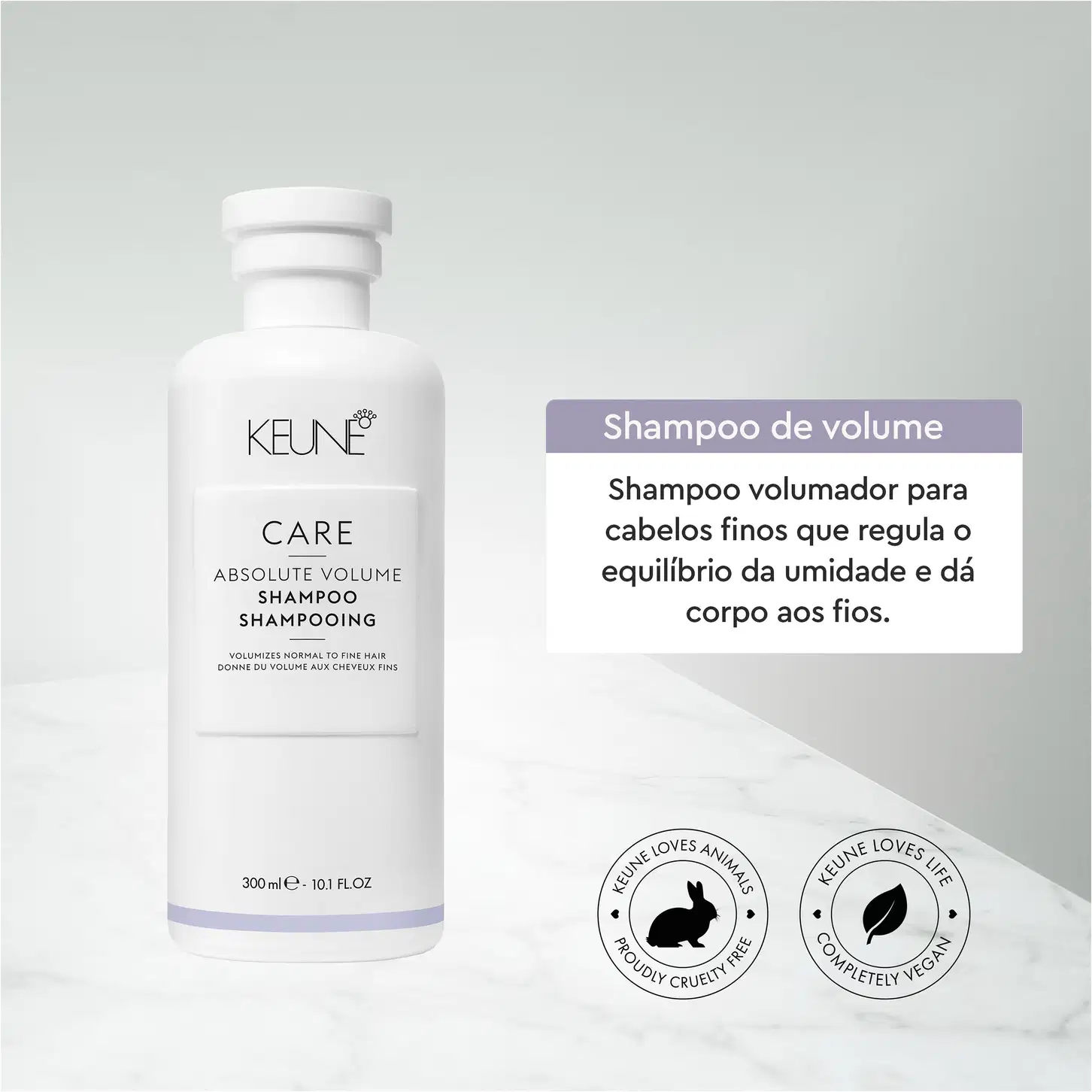 Shampoo volumador da marca Keune, da linha Care Absolute Volume, em frasco branco de 300 ml. O rótulo apresenta o nome da marca e do produto, além de informações sobre seu uso para cabelos finos que necessitam de volume e equilíbrio da umidade.
