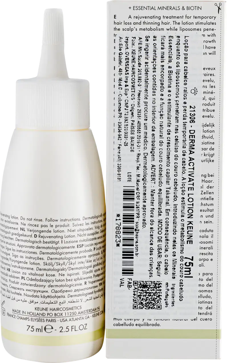 Frasco branco de loção ativadora Keune Care Derma Activate, com rótulo em preto e amarelo, apresentando informações sobre o produto.