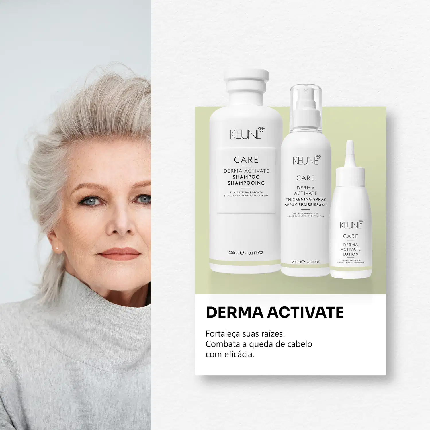 Frasco branco de loção ativadora Keune Care Derma Activate, com rótulo em preto e amarelo, apresentando informações sobre o produto.