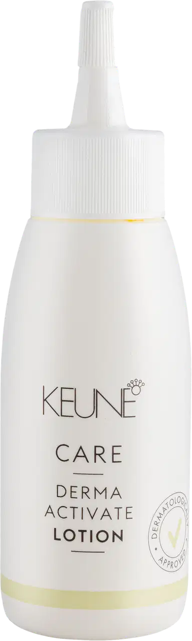 Frasco branco de loção ativadora Keune Care Derma Activate, com rótulo em preto e amarelo, apresentando informações sobre o produto.