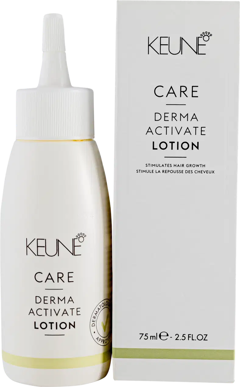 Frasco branco de loção ativadora Keune Care Derma Activate, com rótulo em preto e amarelo, apresentando informações sobre o produto.