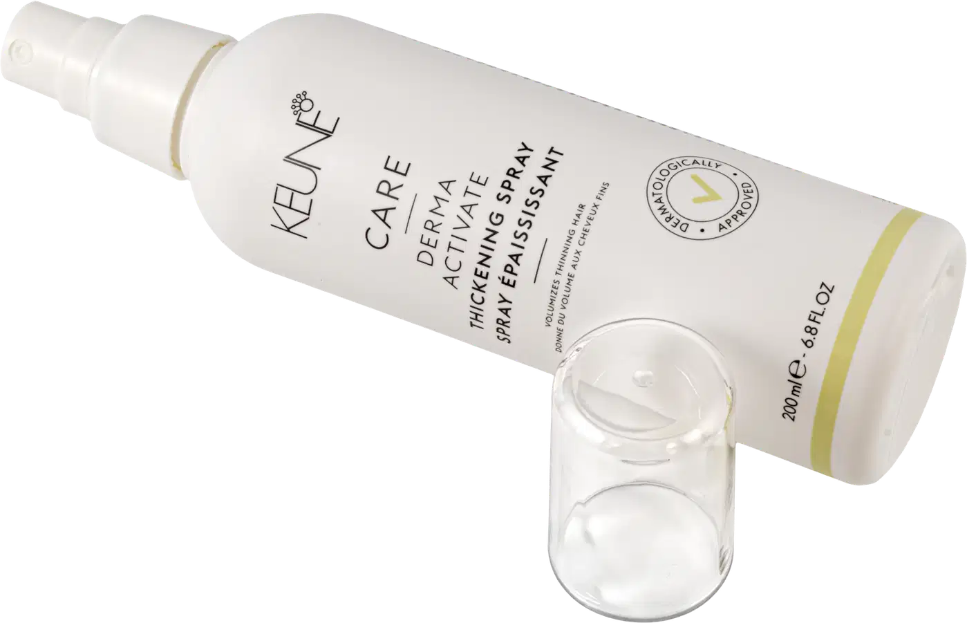 Frasco branco de 200 ml da linha Care da Keune, contendo o Spray Ativador de Espessura Derma Activate. O rótulo apresenta o nome do produto e sua função de volumizar os fios finos.