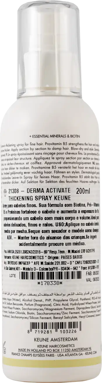 Frasco branco de 200 ml da linha Care da Keune, contendo o Spray Ativador de Espessura Derma Activate. O rótulo apresenta o nome do produto e sua função de volumizar os fios finos.