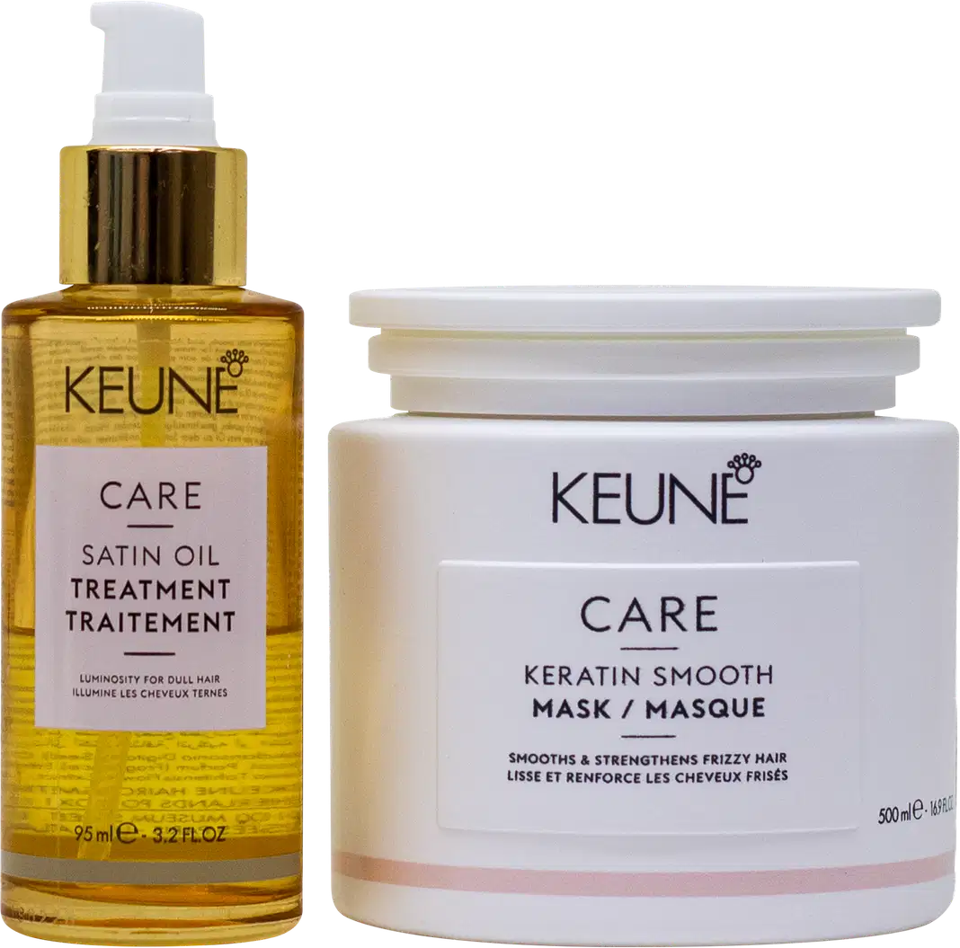 Dois produtos da marca Keune: um frasco de óleo de tratamento Satin Oil Treatment e um pote de máscara Keratin Smooth Mask, ambos em embalagens brancas e douradas.