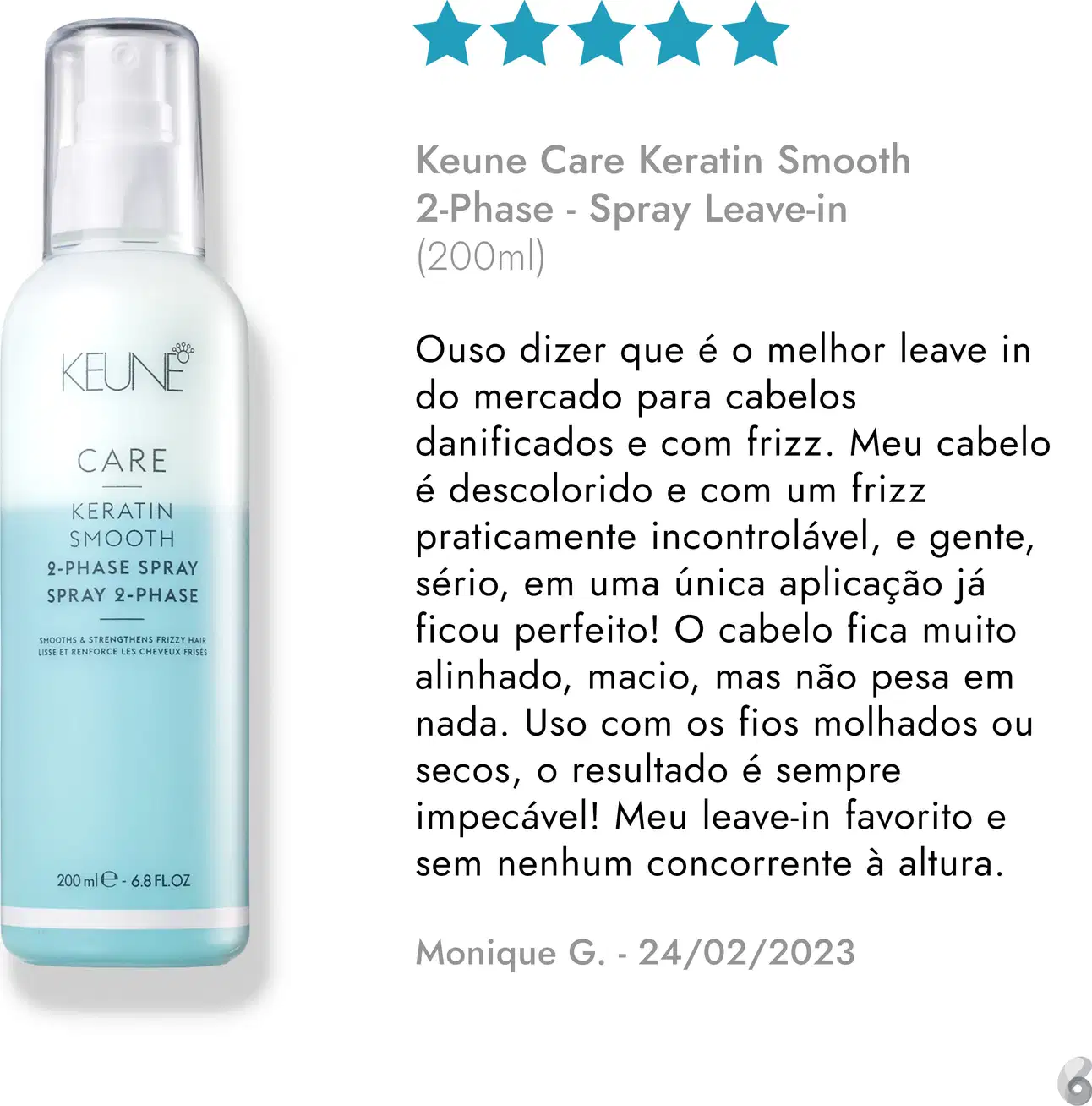 Produto de cuidados com os cabelos Keune, com embalagem em tons de branco e azul, destacando seus benefícios para cabelos danificados e com frizz. O texto descreve as características e resultados do produto, com avaliação positiva de uma usuária.
