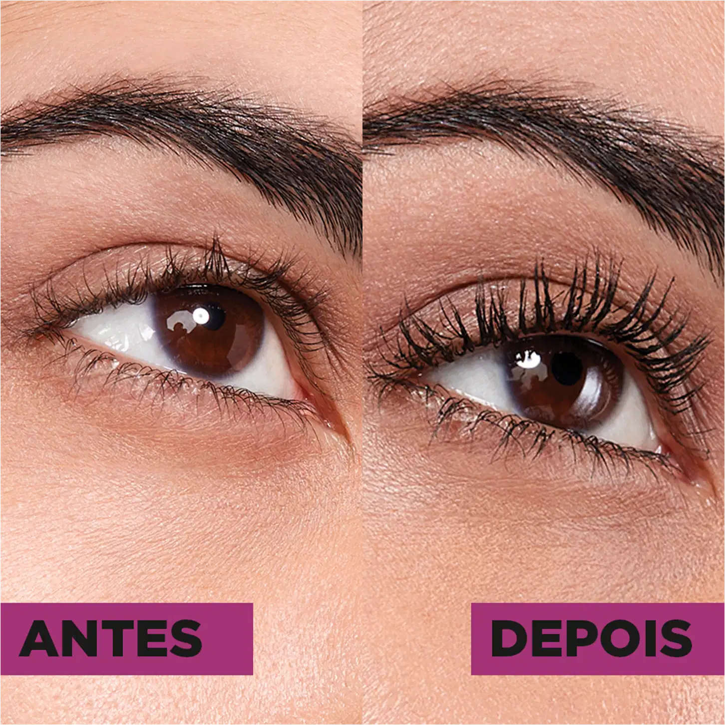 Na parte "Antes", mostra um olho de perto com cílios naturais. Na parte "Depois", o mesmo olho é exibido com os cílios visivelmente mais longos, curvados e volumosos, aparentemente após o uso do produto de maquiagem para cílios.