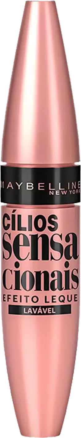 Embalagem cônica alongada na cor rosa.  "Cilios Sensacionais Efeito Leque Lavável" escrito em letras pretas.