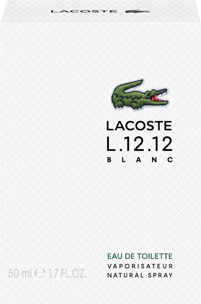 A imagem mostra a caixa branca do perfume Lacoste L.12.12 Blanc, toda branca, de frente, com o desenho do crocodilo, símbolo da marca, e descrito o nome da marca e do perfume, além de concentração e volumetria.