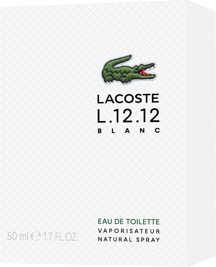 A imagem mostra a caixa branca do perfume Lacoste L.12.12 Blanc, toda branca, de lado, com o desenho do crocodilo, símbolo da marca, e descrito o nome da marca e do perfume, além de concentração e volumetria.